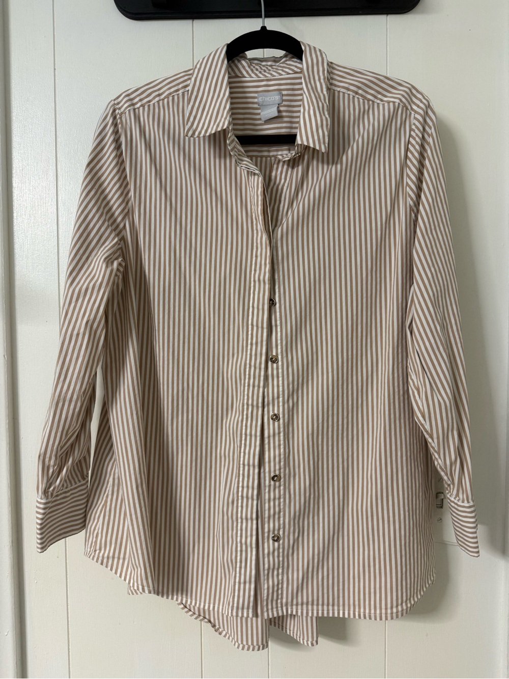 Chico's Beige and White Striped Button-Down Shirt - Picture 2 of 6